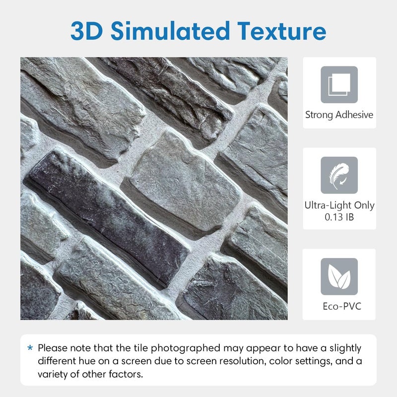 COMSTICKC 3D Faux Stone Wall Panel Peel and Stick Wall Tiles, 10 Pcs of 12"X12", Ultra-Light Thin PVC Rock Adhesive Fake Stone Wallpaper Paneling Backsplash Interior Decor, Gray - Image 3